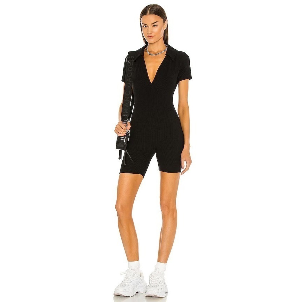 Year Of Ours Womens Polo Romper Shorts Black Collared Ribbed Sz‎ M Athletic Gym